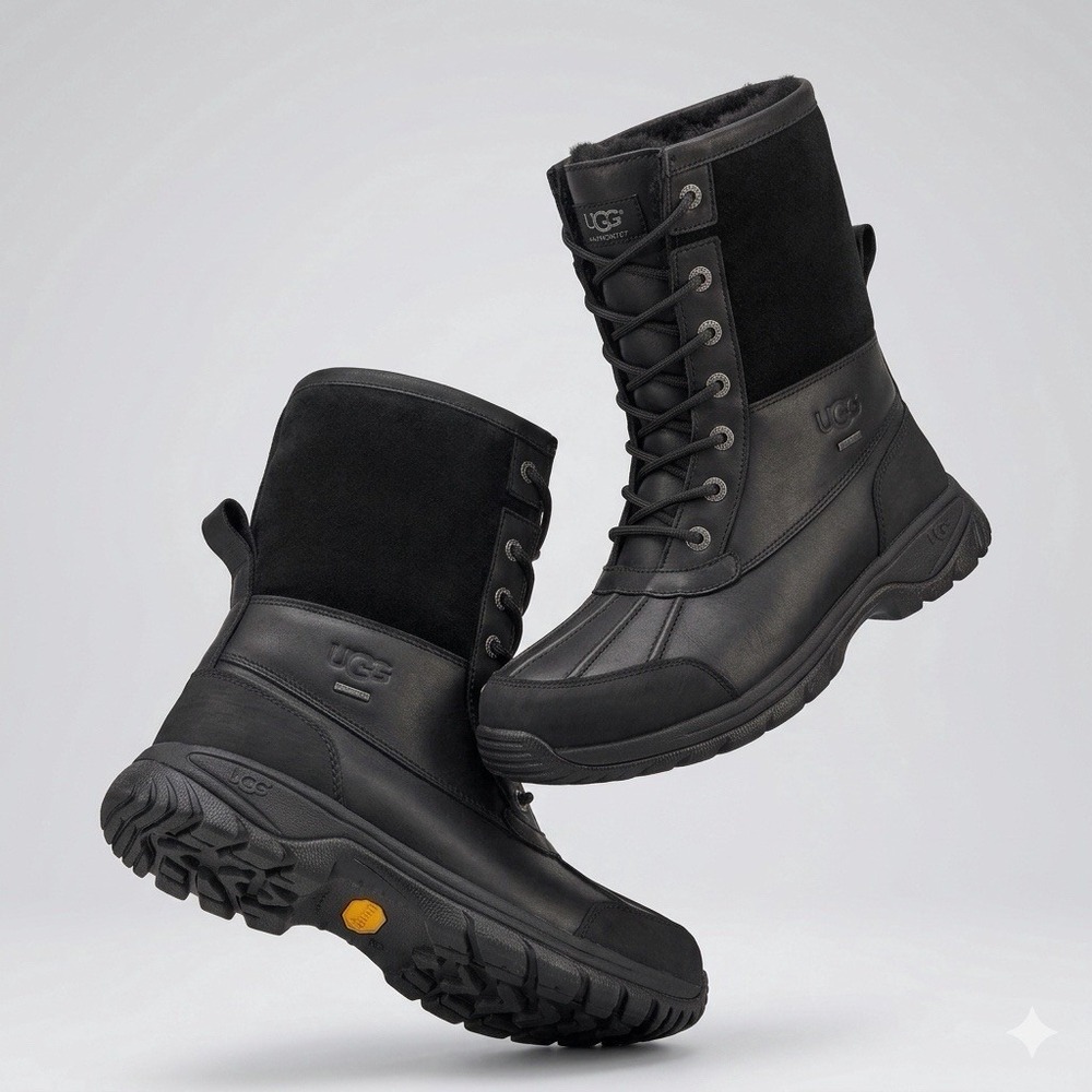 UGG Butte Mens Size 10 Black Leather Winter Snow Boots Waterproof Shearling